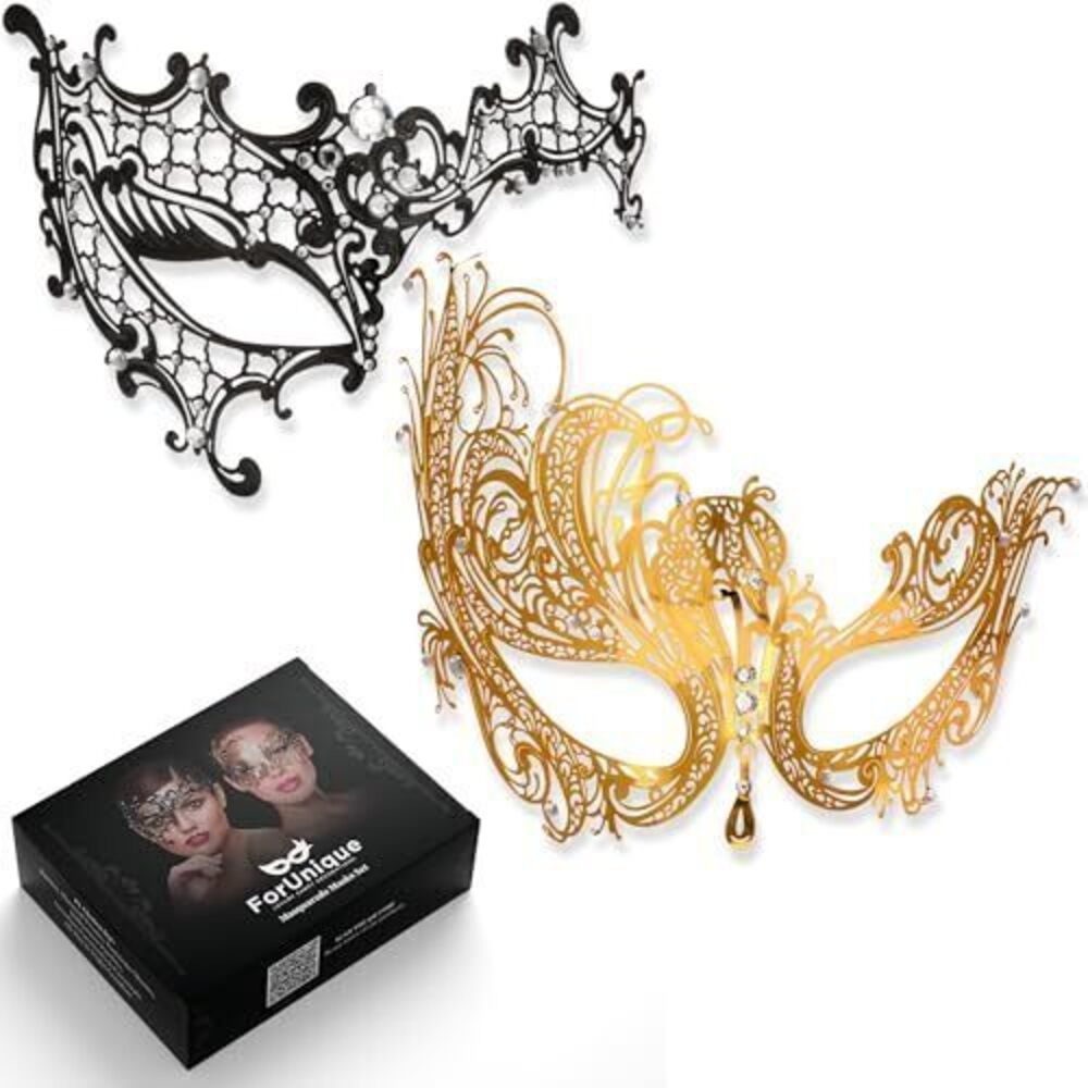 7367 Venetian Masquerade Mask, Black Gold Metal Lace with Rhinestones